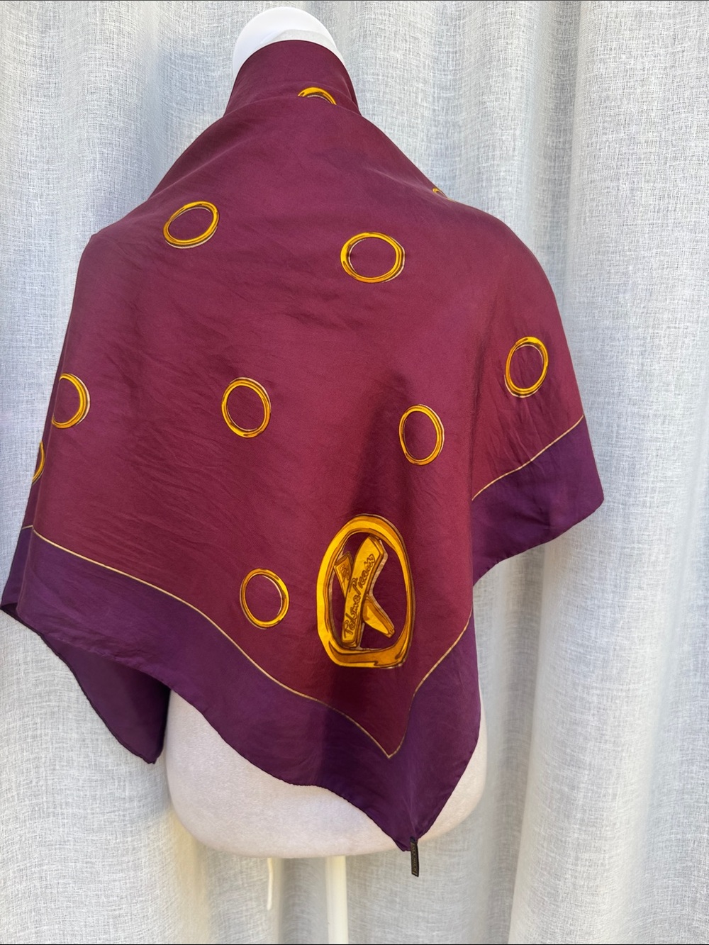 classic Paloma Picasso purple square silk Scarf gold ring emblem "By Paloma"